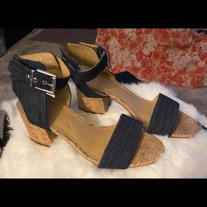 Franco Sarto Melody Blue Denim Cork Block Heel Sandals Ankle Strap 7.5